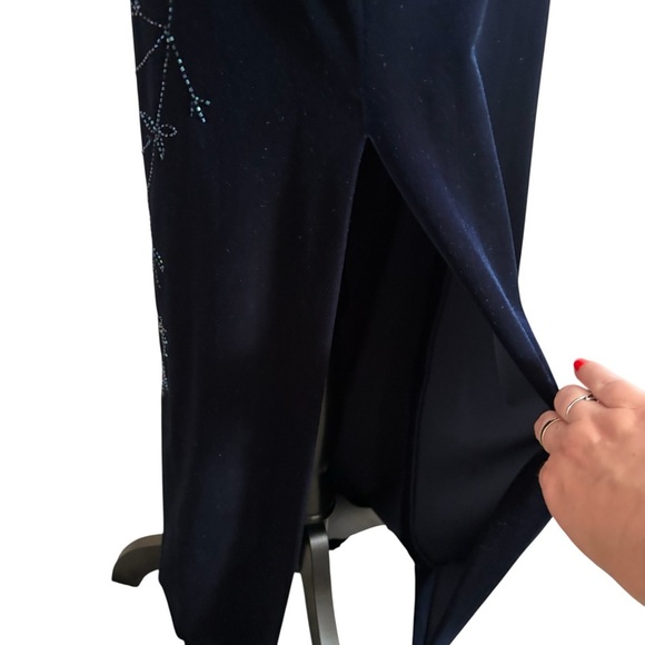 Y2K Velvet Maxi Slip Dress Spaghetti Strap  Beaded Floral Formal Navy Blue 7/8 - Picture 9 of 11